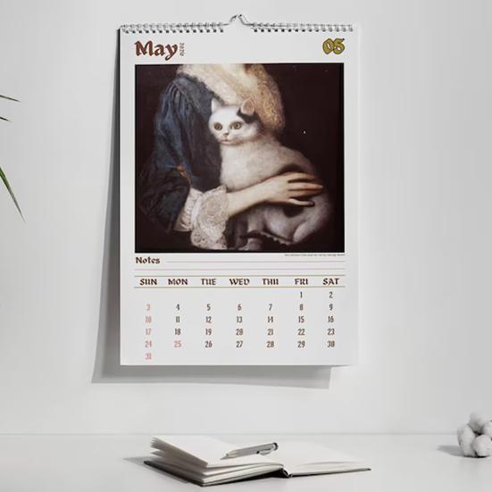 Wandkalender 2026 12-Monats-Kalender Seltsame Katzen in Renaissance-Gemälden für Zuhause Büro Einzigartiger Historischer Katzenkunst-Kalender für Katzenliebhaber
