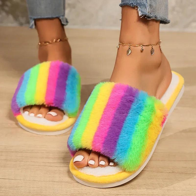 Fashion Fashion Cotton Slippers Mix Color Fur Slippers Women 2025 Open Toe Flat Heel Warm House Slippers Woman Lightweight Indoor Slides