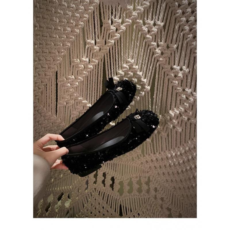 

Shoes sparkling beads exquisite round head rhinestone bow temperament single shoes women s summer 34 чорний