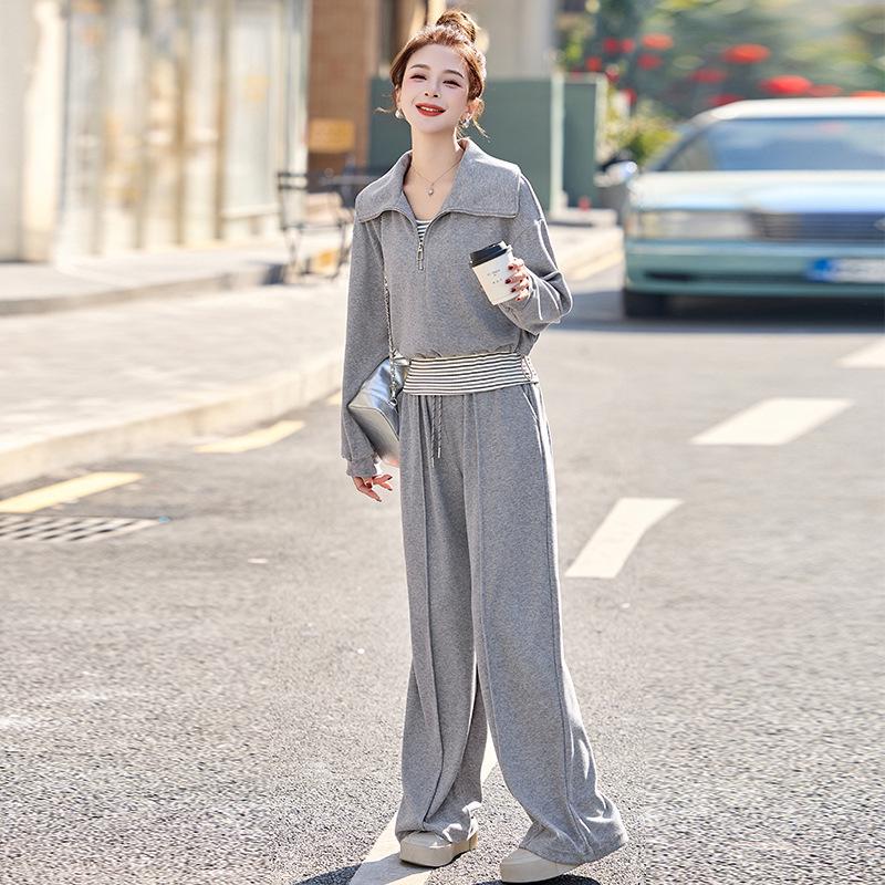 2025 Spring Fashion High-Waist Wide-Leg Pants & Slim Fit Sweatshirt Set