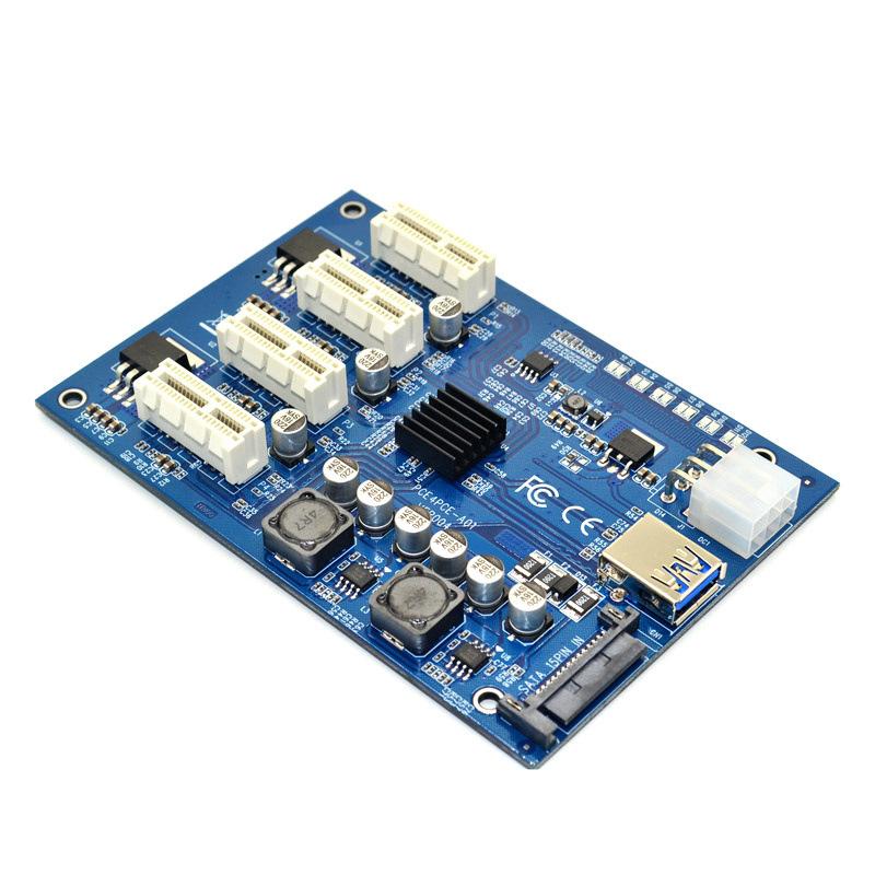 PCI-E X1 to 4PCI-E X16 Expansion Kit 1 to 4 Port PCI Express Switch Multiplier HUB 6pin sata USB Riser Card for BTC Miner Mining