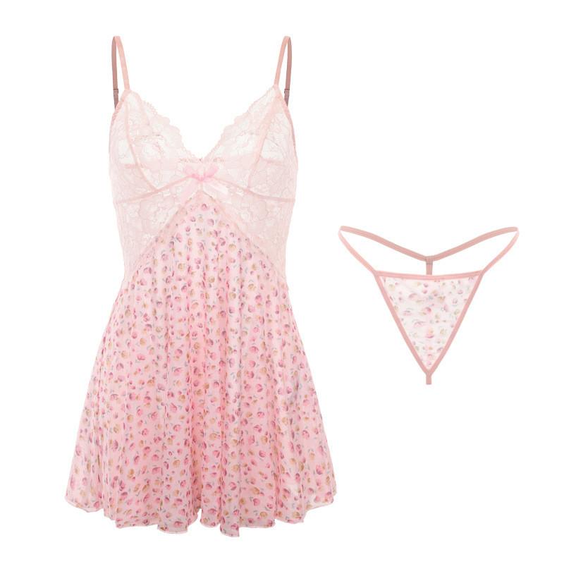 Lightweight Polyester Sleep Dress With Vneck And Sheer Mesh For Women