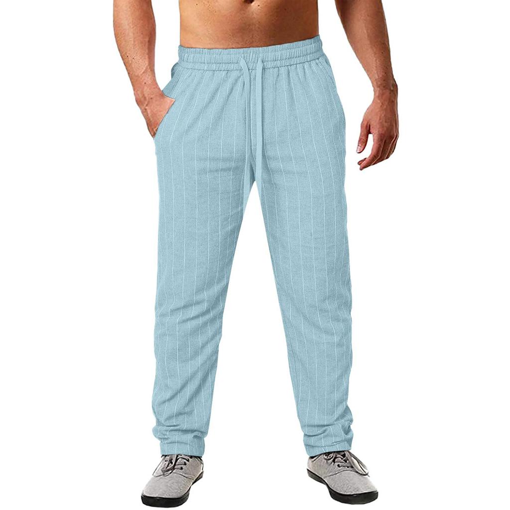 Men's Straight Mid Waist Beach Pants Vertical Stripe Elasticated Waist Cotton Linen Casual Trousers
