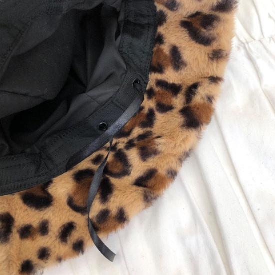 Sombrero de Pescador Orejas de Oso Bola de Felpa Engrosada Otoño Invierno Leopardo Bola de Felpa Gorro Cubeta para Exteriores
