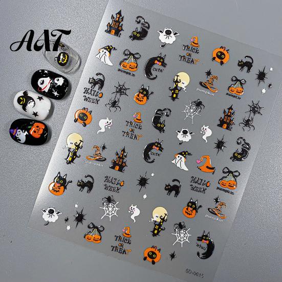 5D Embossed Nail Decals Halloween Art Stickers, Skull Pumpkin Ghost Stickers Decals, Waterproof Self Adhesive Manicure Decoration Holiday Theme