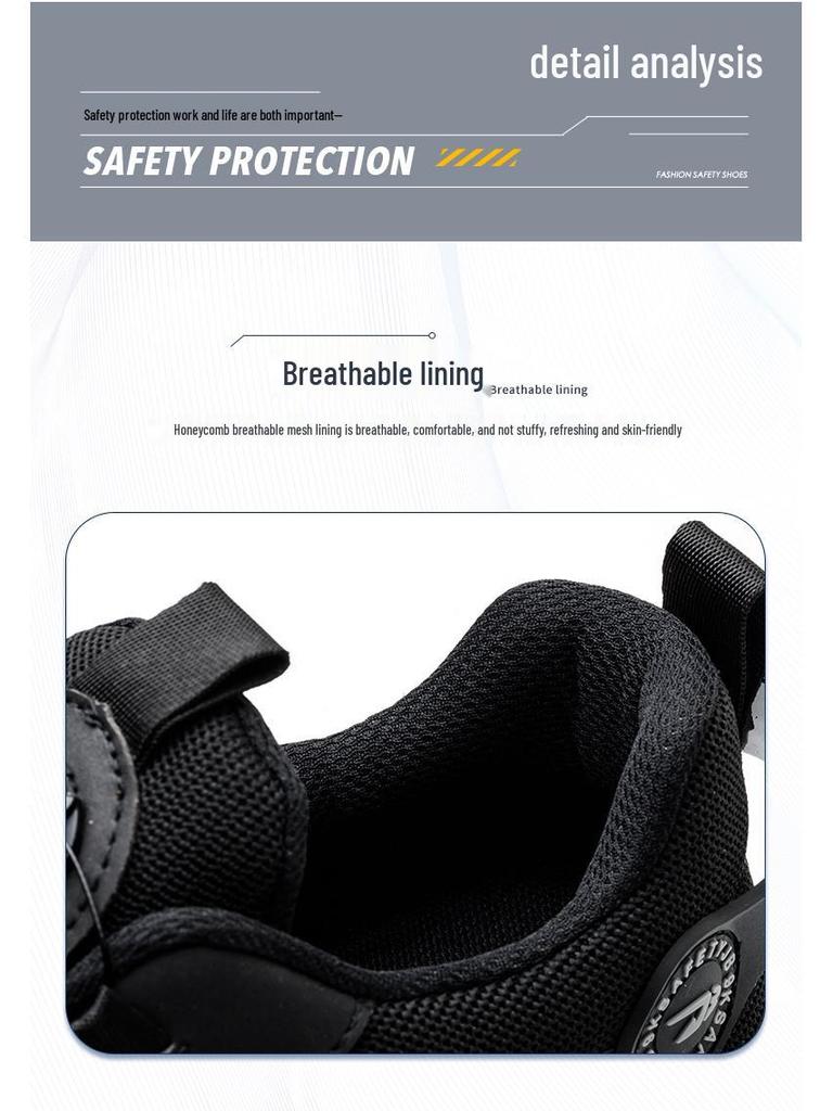 Men's Fly-Knit Safety Shoes: Anti-Smash, Anti-Puncture, Breathable, Lightweight, Comfortable, Wear-Resistant with Soft Sole and Button Closure.
