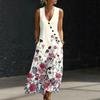 Women Sleeveless V Neck Button Front Maxi Dress Floral Print Linen Cotton Blend Casual Summer Dress with Pockets