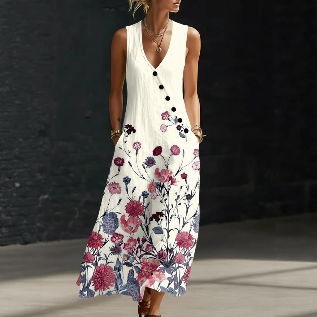 Women Sleeveless V Neck Button Front Maxi Dress Floral Print Linen Cotton Blend Casual Summer Dress with Pockets