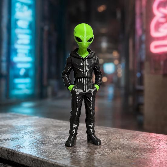 Yousheng Alien Wearing Hoodie Statue, 3D Printed Green Alien Figurine, Collectible Alien Sculpture, Sci-Fi Desktop Decoration Gift for Alien Lovers