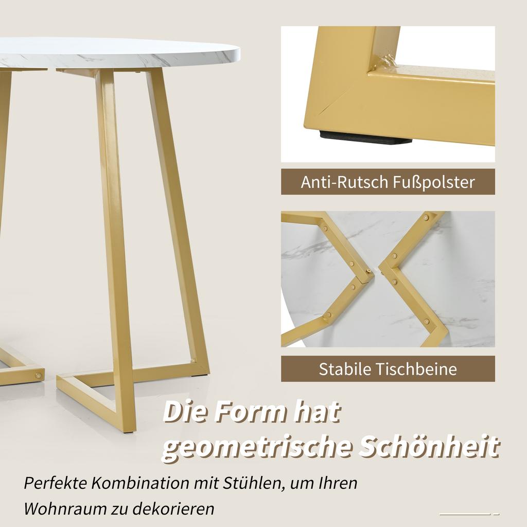 Round Dining Table (1 Piece), Unique Metal Frame, Dining Table with Modern Marble Pattern, Suitable for Dining Room, Living Room, White/Gold