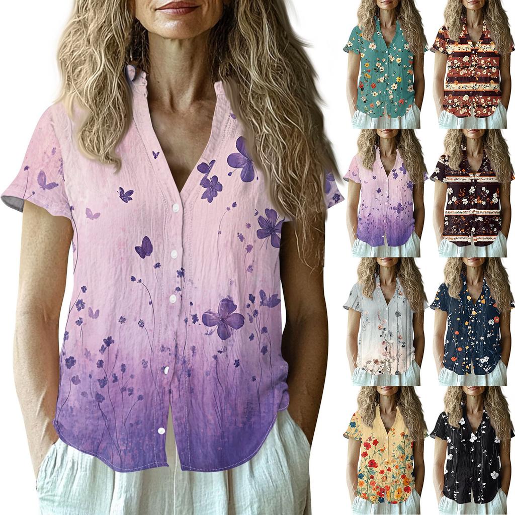 Women's Casual V-neck Short Sleeved Top, Printing T-shirt Shirt