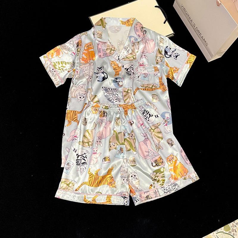 Cute Cat Ice Silk Pajamas Women'S Summer Short-Sleeved Shorts Loungewear Two-Piece Suit Can Be Worn Outside