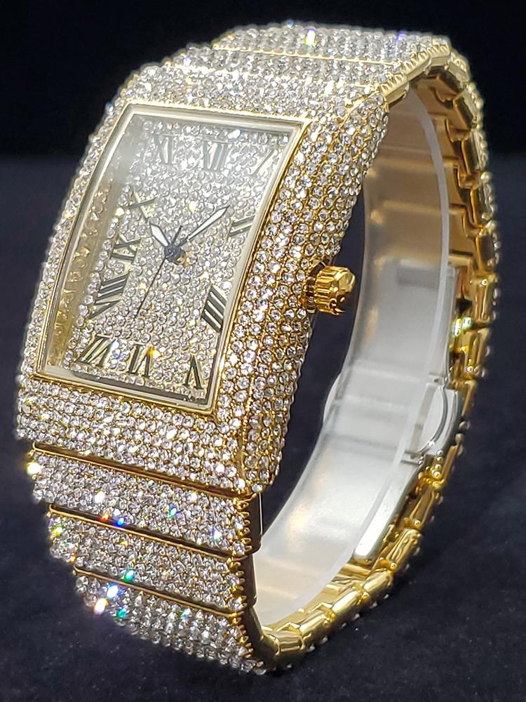 FQU3 Gold Men's Watches Rectangle Dial Luxury Diamond Fashion Big Wristwatches Luminous Point Iced Quartz Watch For Men Dropshipping