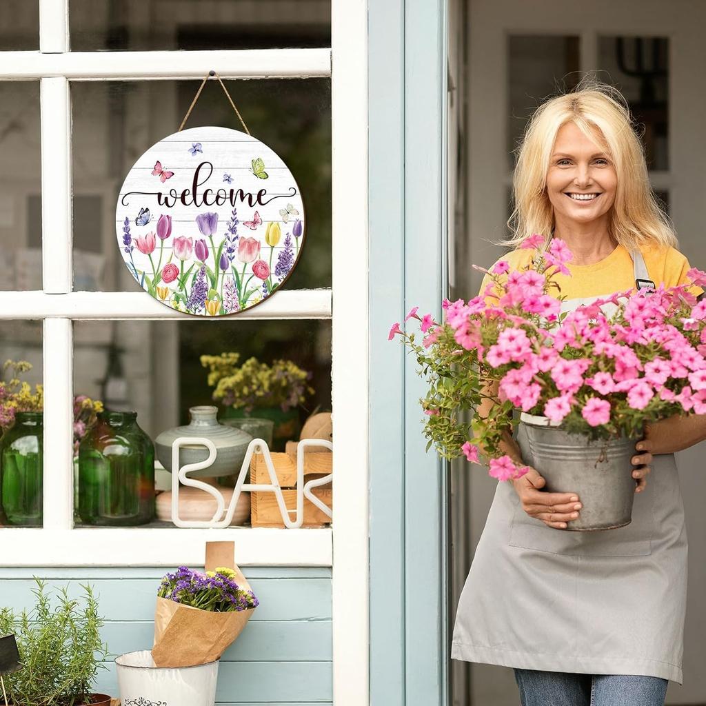 Summer Flower Welcome Door Sign Tulip Wooden Hanging Sign Floral Butterfly Door Hanger Sign for Spring Summer Holiday Indoor Outdoor Farmhouse Home