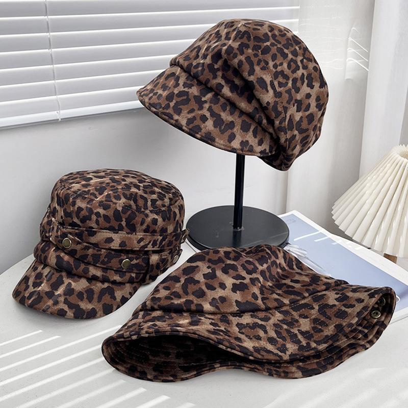 Korean leopard print suede bucket hat women's autumn and winter wide brim sunshade pile hat rivet personality show face small flat top hat