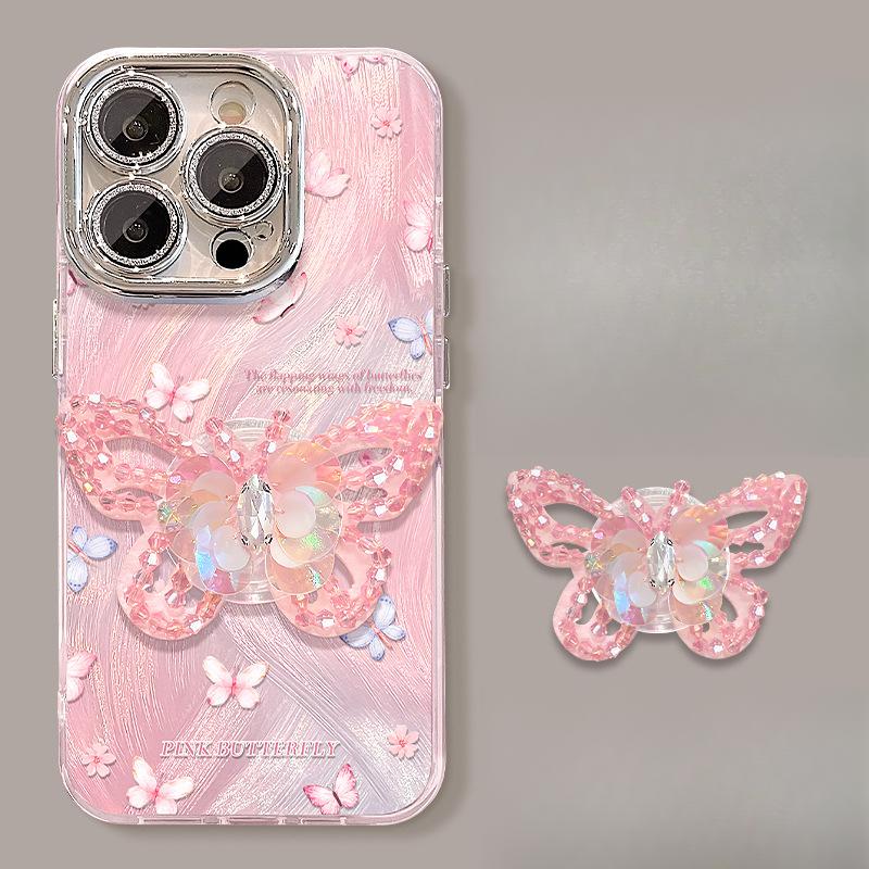 Bead Butterfly Stand Suitable for Apple 16 Mobile Phone Case Huawei Mate60pro Feather Yarn 15 High-end Sense 14/13 Women