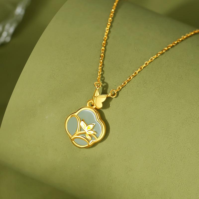 Tichia Four-Leaf Clover Hetian Jade Magnolia Necklace in 925 Sterling Silver - Elegant Women s Collarbone Chain 925 Silver