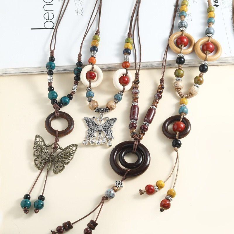 Butterfly Pendant Ceramic Necklace Long Vintage Versatile Wooden Ring Sweater Chain Adjustable Clothes Accessories