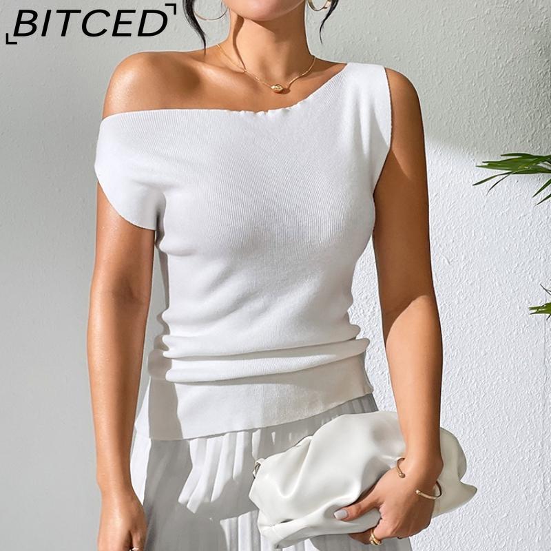 BITCED Versatile Solid-Colour Sleeveless Knit Vest Seductive Fitted Knit T-Shirt Designer Off-Shoulder Top