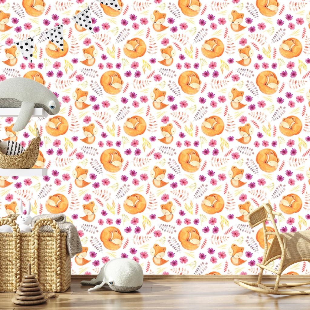 Wallpaper Little Foxes with Flowers for Living Room and Bedroom 50x1000