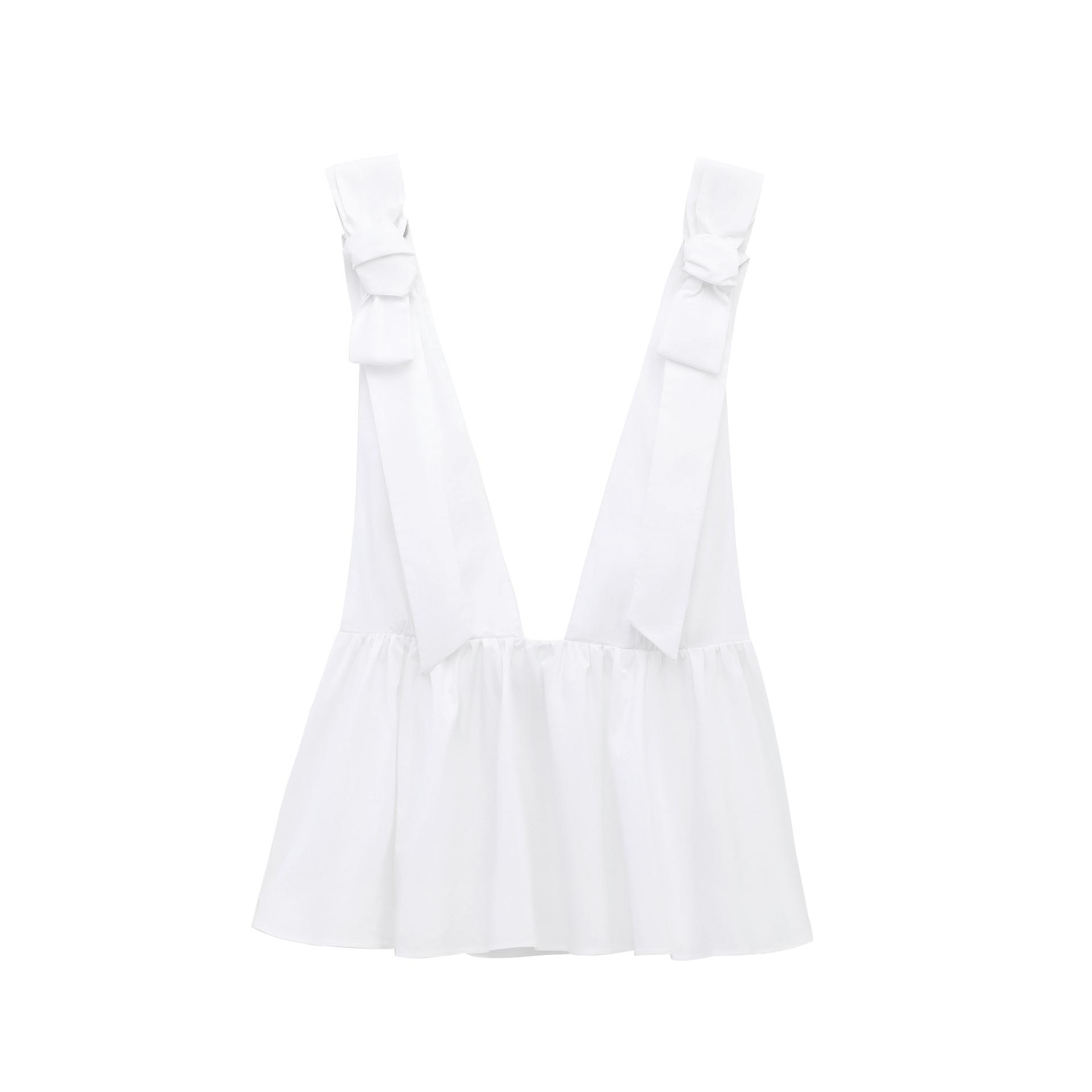 

2025 Весна Женский Топ из Поплина в Европейском/Американском Стиле с V-образным Вырезом и Декором в виде Бантика L белый