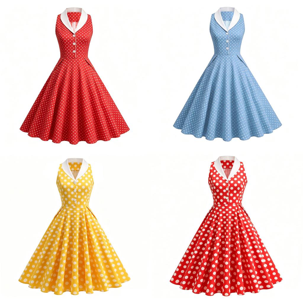 Vintage Summer Dress For Women With Polka Dot Pattern Cotton Blend For Casual And Party Wear