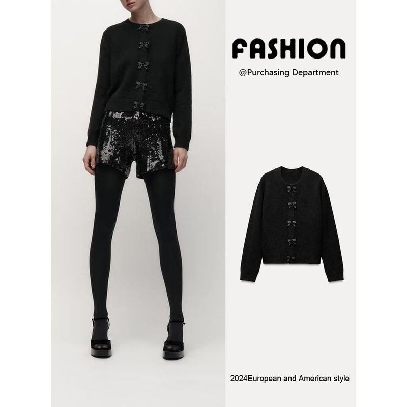 Za2025 Spring New Women's Clothing Slim Looking Bows Decorated Row Button round Neck Long Sleeve Knitted Coat 1473102