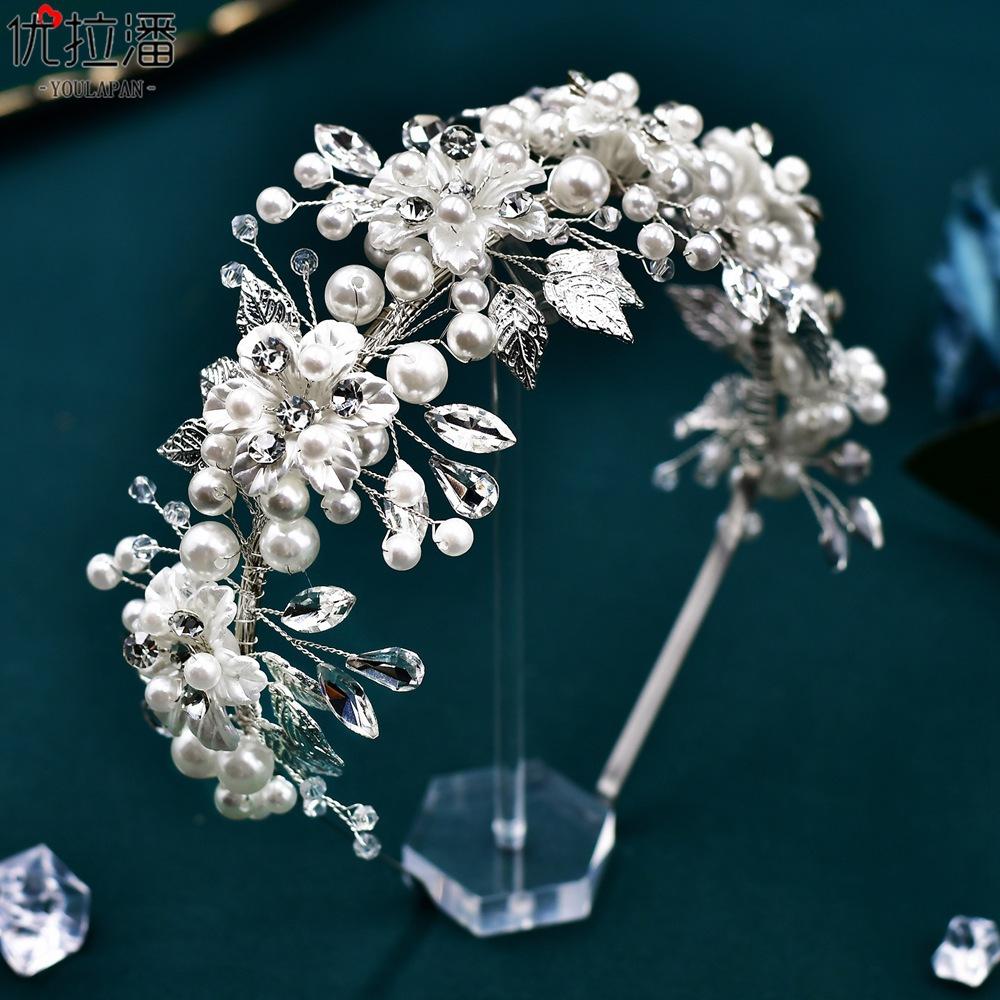 LY-HP0034 Women s Bridal Wedding Jewelry Colorful Rhinestone Headband Alloy Leaf White Flower Wedding Dress Party Headpiece серебряный