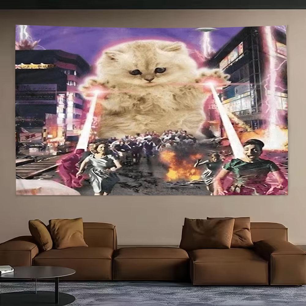 Kawaii Fierce Laser Cat Rampage Tapestry Hippie Sci Fi Laser Beam Esports Game Themed Personalized Room Decor Background Cloth