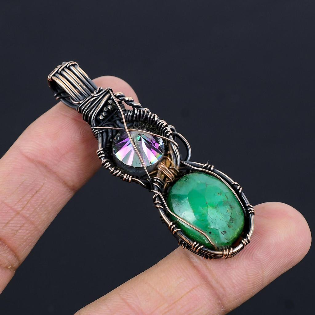 Emerald Pendant, 999 Copper Wire Wrapped Pendant Gemstone Jewelry, Handmade Pendant Amazing Jewelry, Gift For Her