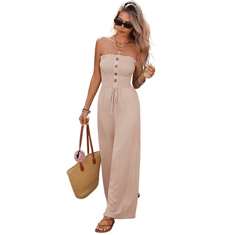 Damen trägerloser Schlauchtop mit geraffter Taille, Jumpsuit mit weitem Bein