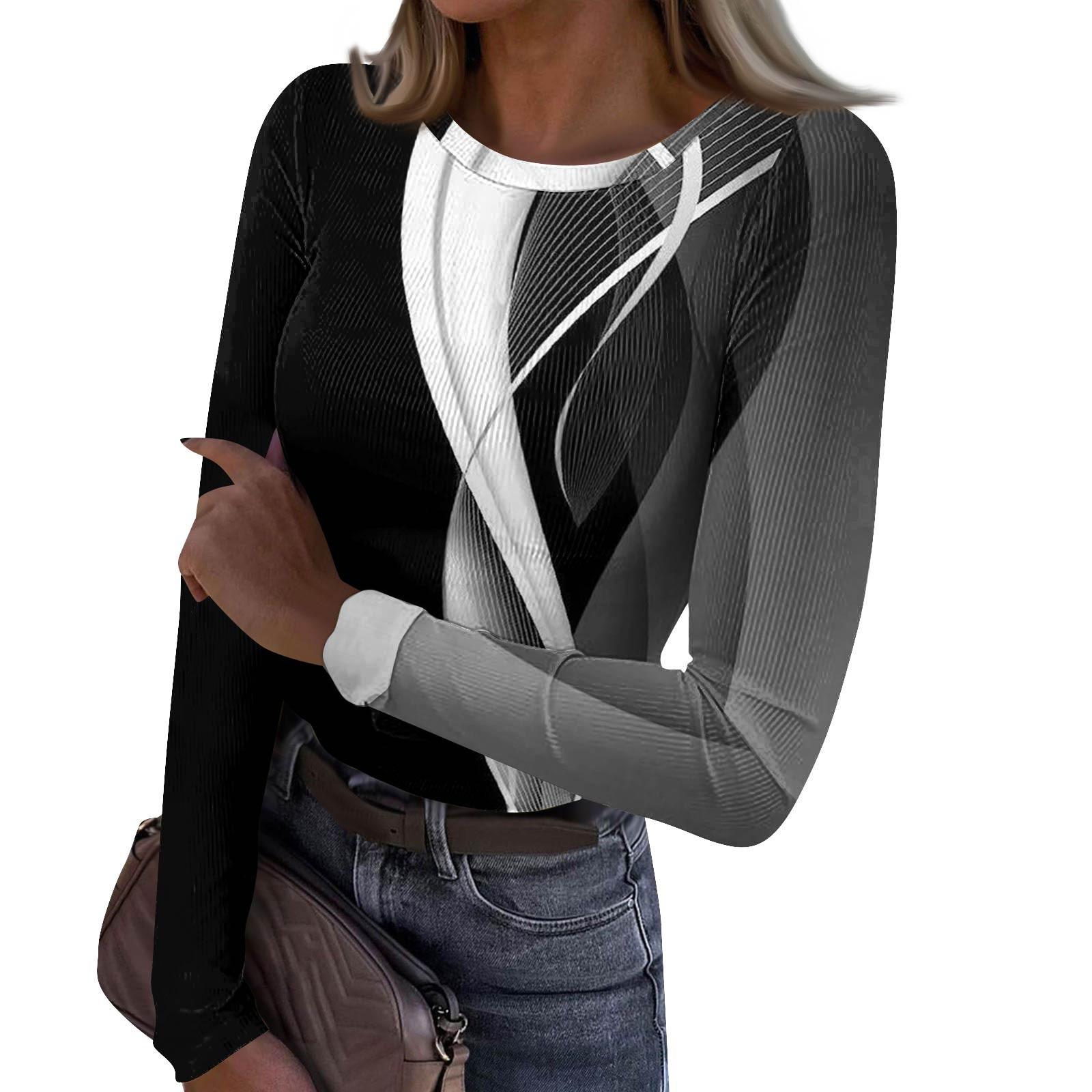 

Жіноча та зимова тонка футболка Модний повсякденний градієнтний друк Пуловер з круглим вирізом і довгим рукавом M чорний