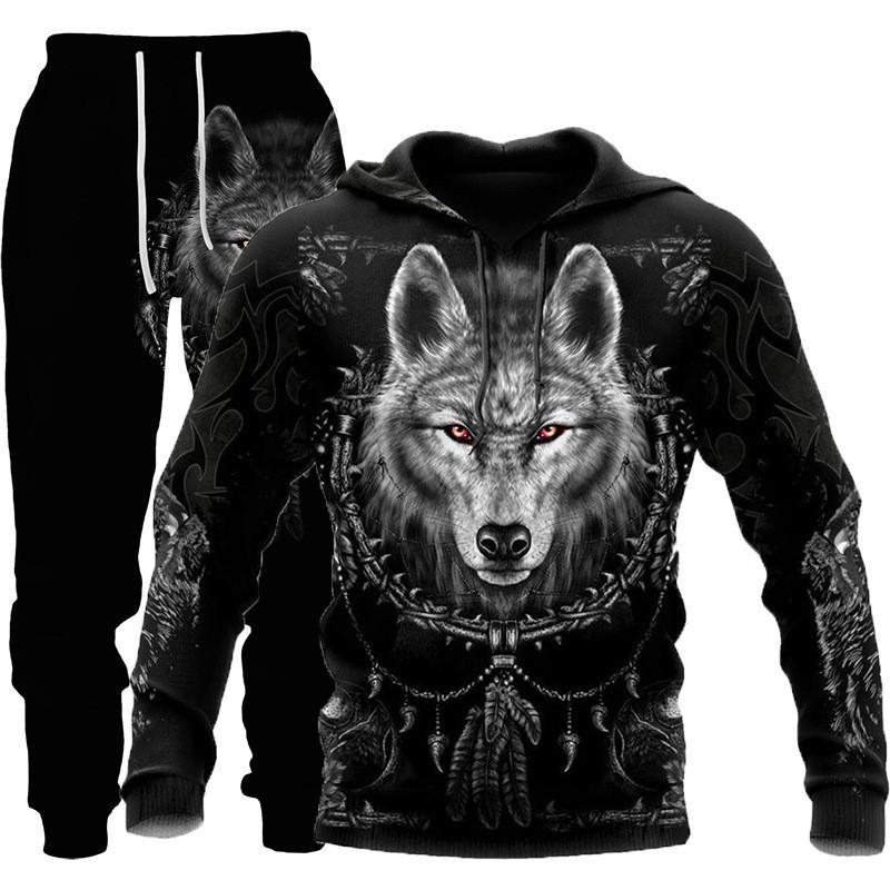Mens Hooded Sweatshirt Set Wolf 3D Print Long Sleeve Tracksuit Streetwear Casual Fall Winter