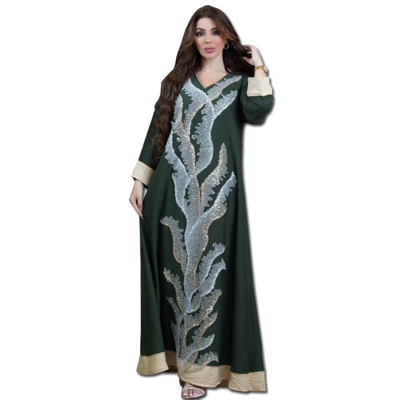 AB330 Sequin Embroidered Abaya: Elegant Middle Eastern Women's Home Leisure Wear