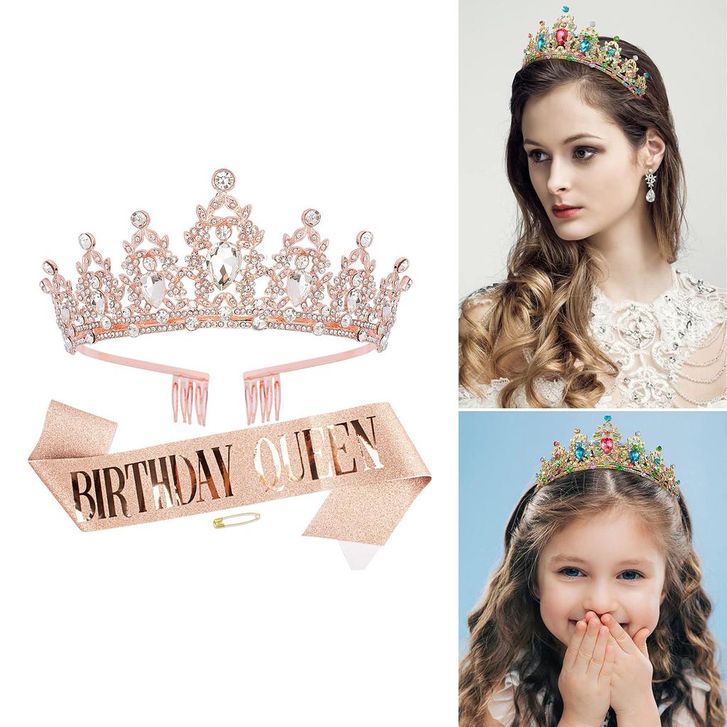 Birthday Crown with Sash for Women Girls Birthday Party Rhinestone Tiara Shoulder Wrap Set Birthday Party Props Supplies