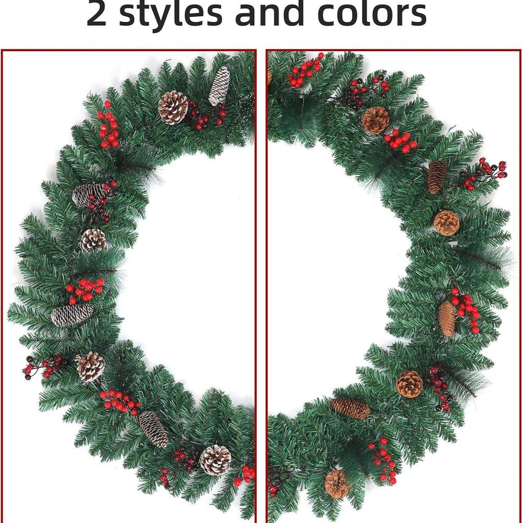 Weihnachtsszene Dekoration: Baumranken-Paket mit Tannenzapfen, roten Beeren und Ornamenten für Fenster oder Kamin