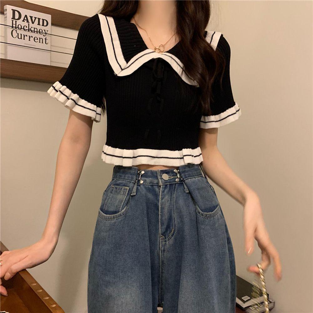 Design Sense Niche Rüschenrand Puppenhals Strickhemd Kurzarm T-Shirt Damen Sommer Einzigartiges French Chic Kurzes Top