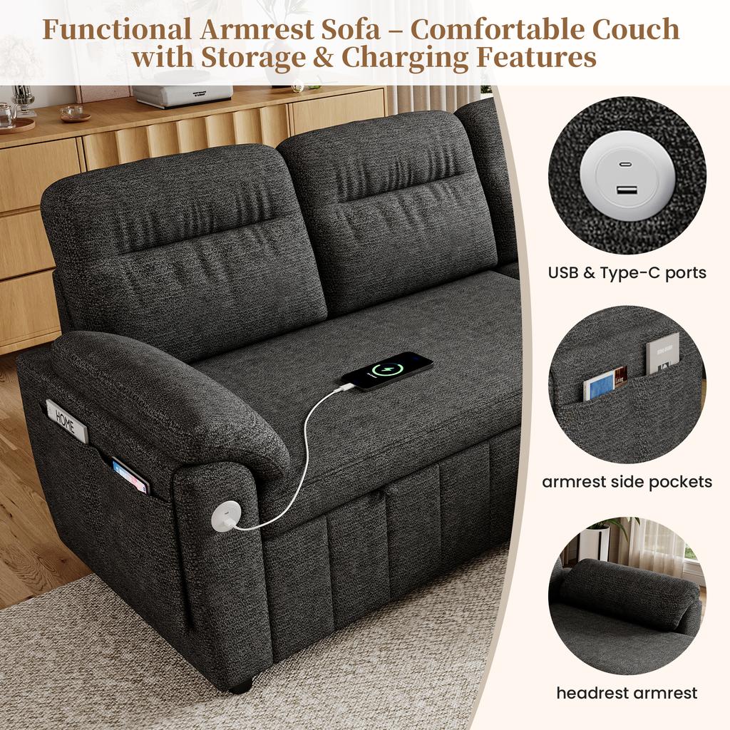 L-förmiges Ecksofa mit links/rechts ausziehbarer Ottomane, Schlaffunktion, Stauraum in der Ottomane, USB/Typ-C-Panel, Chenille-Stoff, Grau.