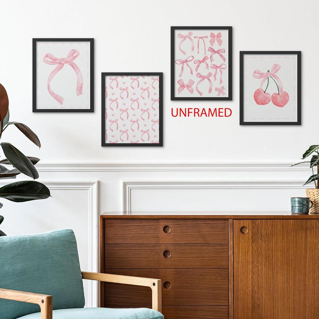 Hxlac Pink Bow Coquette Wall Art Prints Set of 4 Unframed - Pink Preppy Wall Decor, Coquette Preppy Aesthetic Bow Cherry Teen Girl Dorm Room Decor,