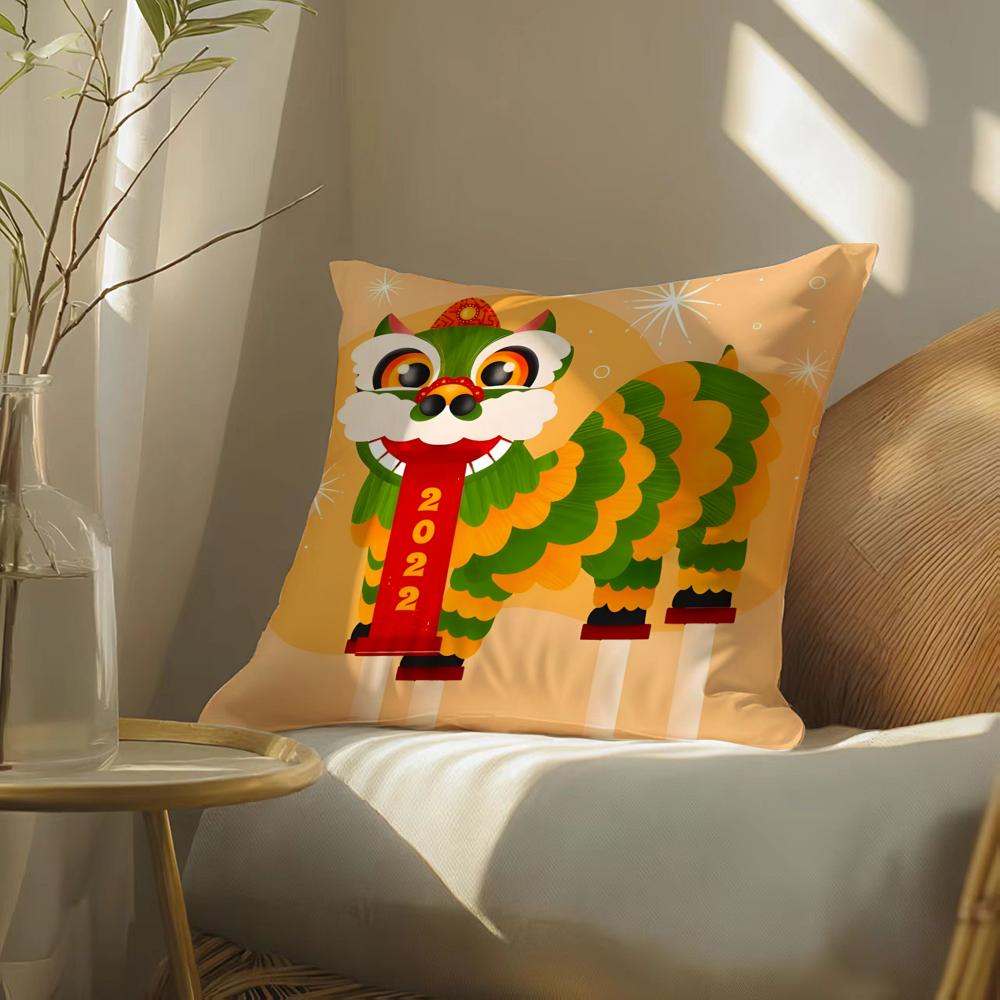 Oriental Festive Lion Print Pillow Case Double-Sided Plush Sofa Cushion Covers Organic Breathable Invisible Zipper