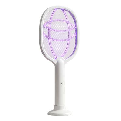 White Electric Insect Swatter with Standing Charging Base for Rechargeable Home Use In Bedroom and Living Room, Triple-Layer Head Design