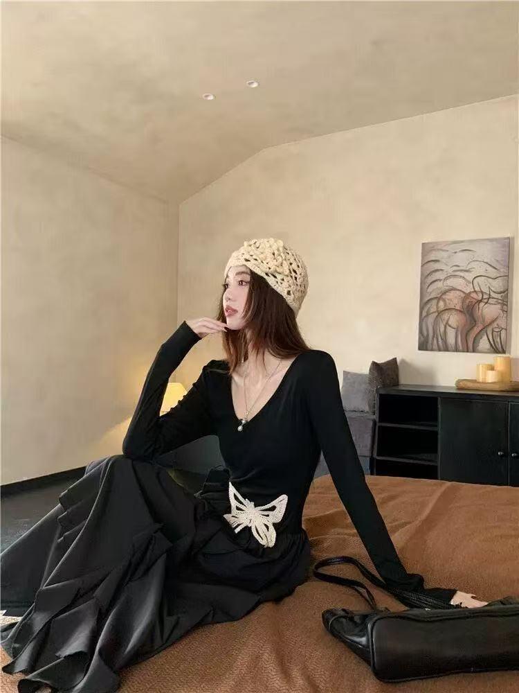 Women's Plus Size Elegant French Style Black Waist-Cinched Long Sleeve Dress
