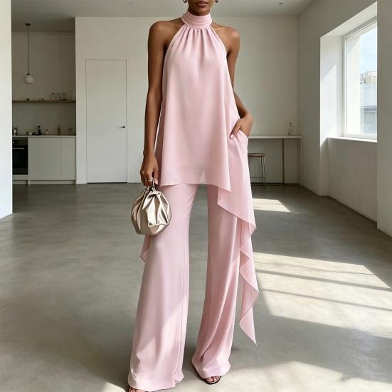 Women's Chiffon 2 Piece Sets, Asymmetrical Halter Sleeveless Tops with Wide Leg Pants Summer Outfits, Casual Vacation Lounge Matching Set