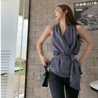 Damen Freizeit Lockere Ärmellose Bluse V-Ausschnitt Krawatte Vorne Einfarbig Beige Oberteil Retro