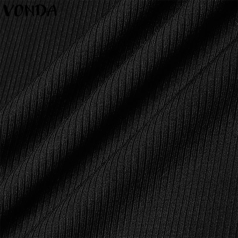 VONDA Women U-Neck Long Sleeve Solid Color Rib Tight Bodycon Dresses