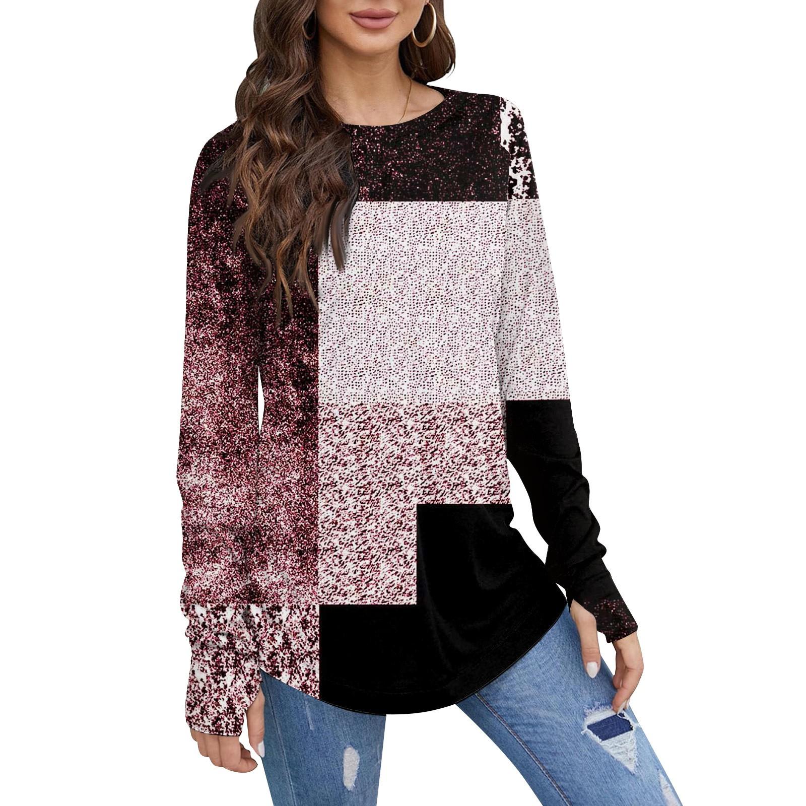 

Женская свободная футболка с круглым вырезом и длинными рукавами средней длины с принтом, топ с дырявым большим пальцем M