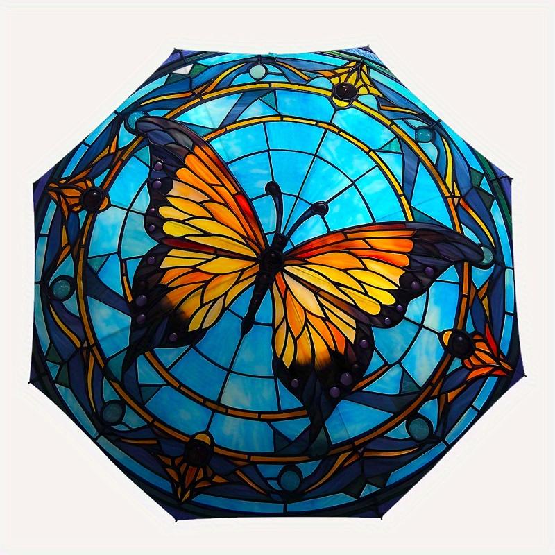 Stained Butterfly Window Panel, Decorative Hanging Art for Home or GardenUmbrella, Portable 3-Fold Compact Umbrella,Christmas Gift ES528