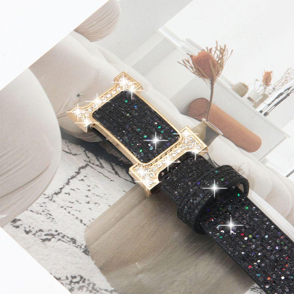 Glitter PU Leather Belt Bling Bling Slide Buckle Belt Vintage Trendy Waistband  Women