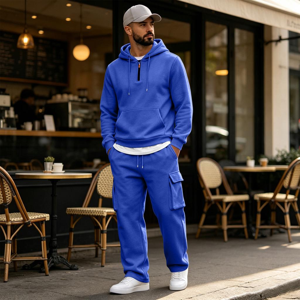 Men's Warm Lined Hooded Sweatshirt and Wide Leg Cargo Pants Set, Relaxed Fit Casual Outdoor Activewear