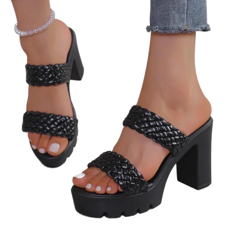 Summer Hot Selling Women's Shoes Fashion Solid Color Open Toe Women's Slippers Roman Thick Heel Women's High Heel Beach Shoes